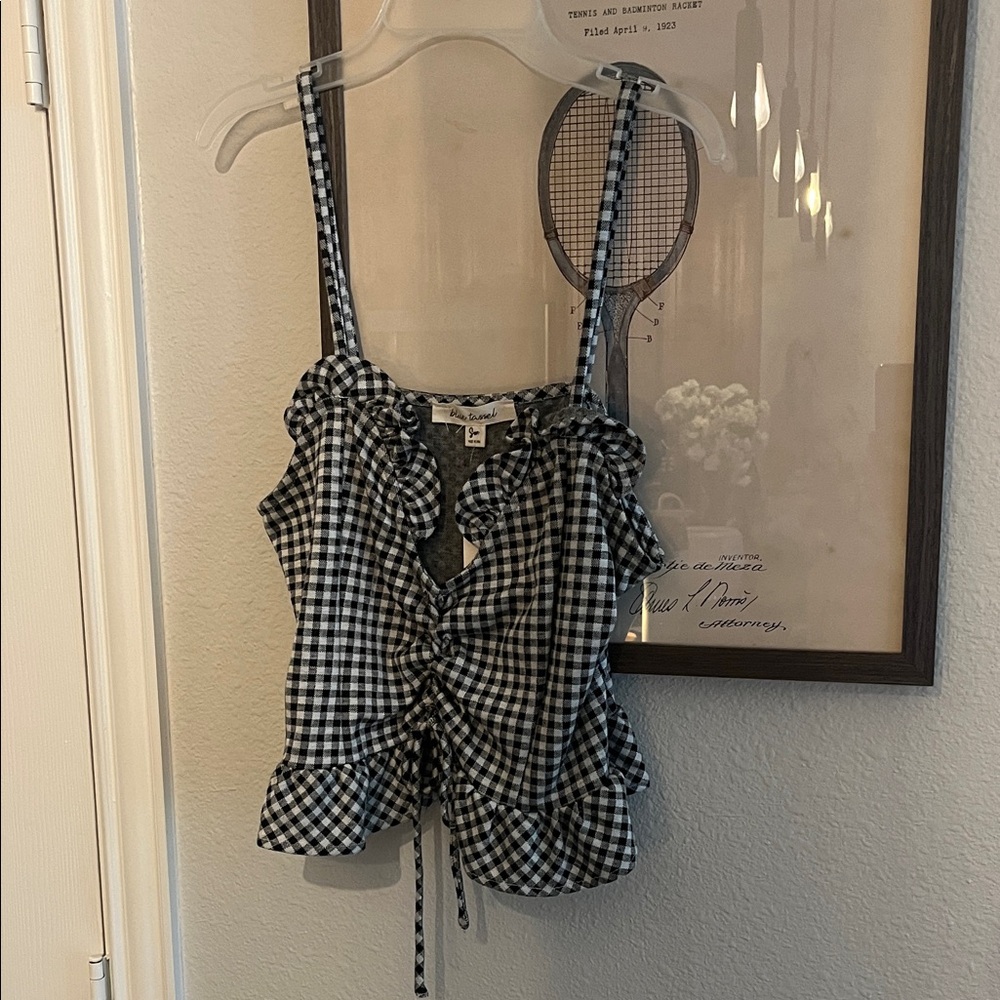 Anthropologie Gingham Ruffle Tie-Front Top